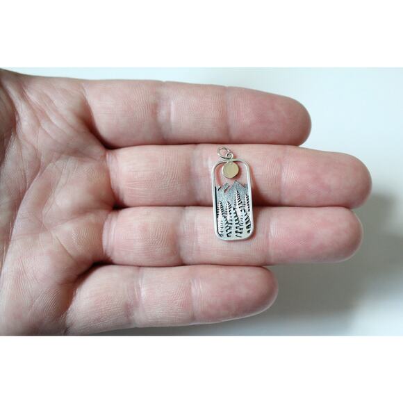 Sterling Silver Rectangle Pine Tree Charm with Bronze Sun - Picture 1 of 4
